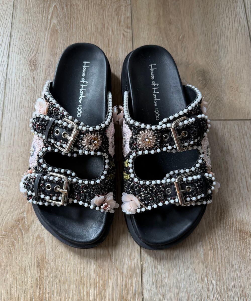House Of Harlow Black Pink Floral Footbed Slides Beaded Sandals Boho Beach 6.5